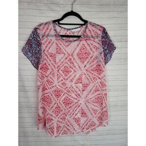 CAbi Sheer Floral Print Short Sleeve Blouse in Red/Blue, sz Medium